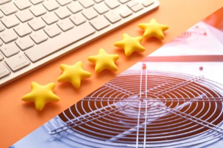 Yellow star ratings above a cooling fan, with a keyboard in the background, symbolizing HVAC service excellence and customer satisfaction.