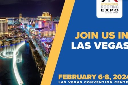 International Roofing Expo promotional graphic featuring a vibrant Las Vegas skyline, event dates February 6-8, 2024, and location at Las Vegas Convention Center.