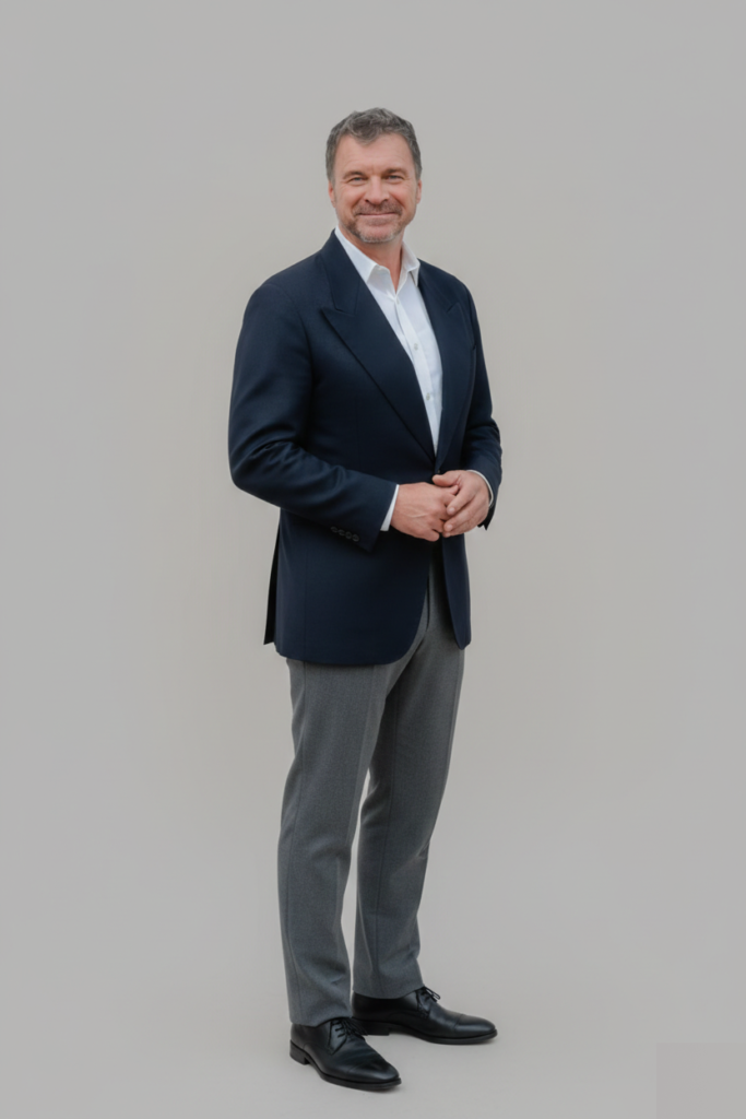 David Paul Pike, seasoned leader and ordained Bishop, in a professional suit, smiling confidently, emphasizing his expertise in business and motivational speaking.