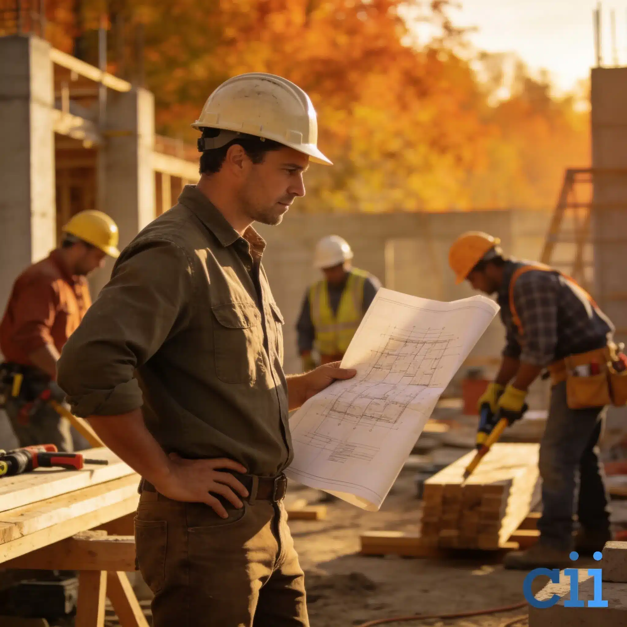 Contractor reviewing blueprints on a fall job site with skilled construction crew in background