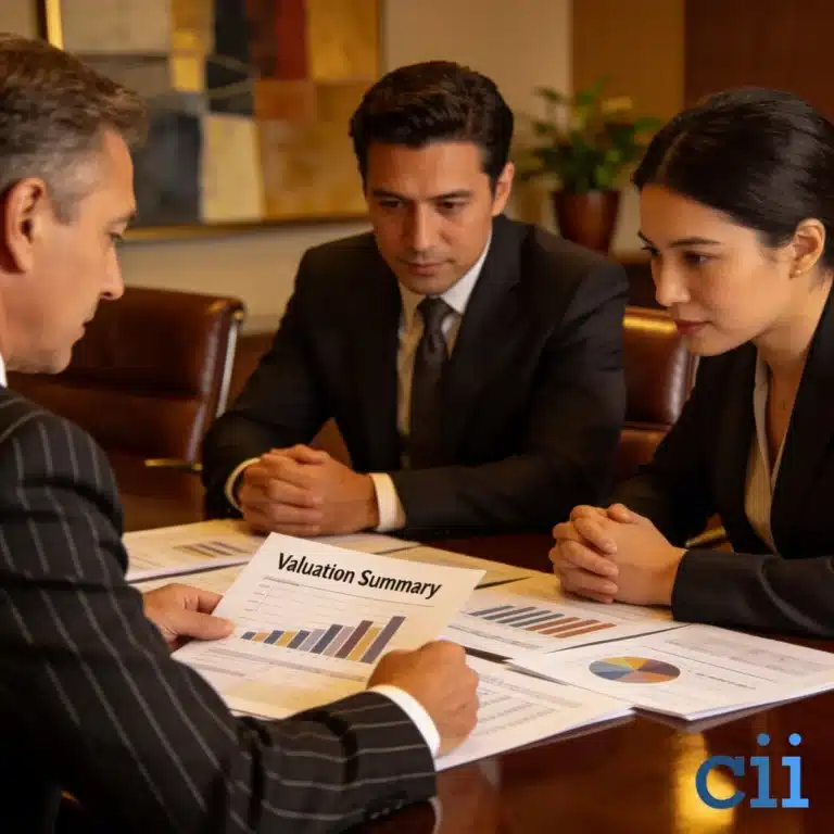 Business owners reviewing valuation reports with an M&A advisor at a conference table