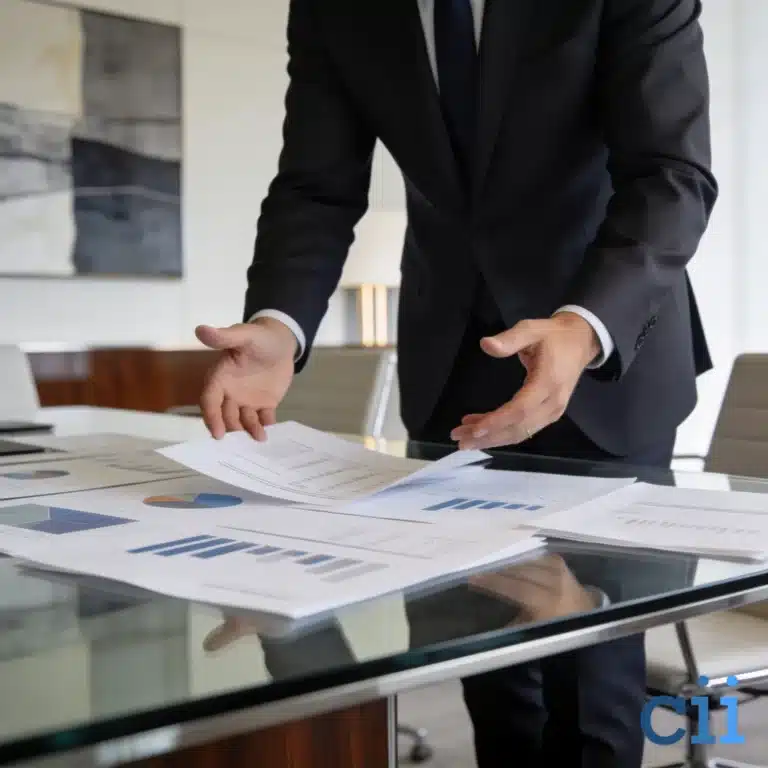 M&A advisory professionals reviewing valuation documents in a modern boardroom setting