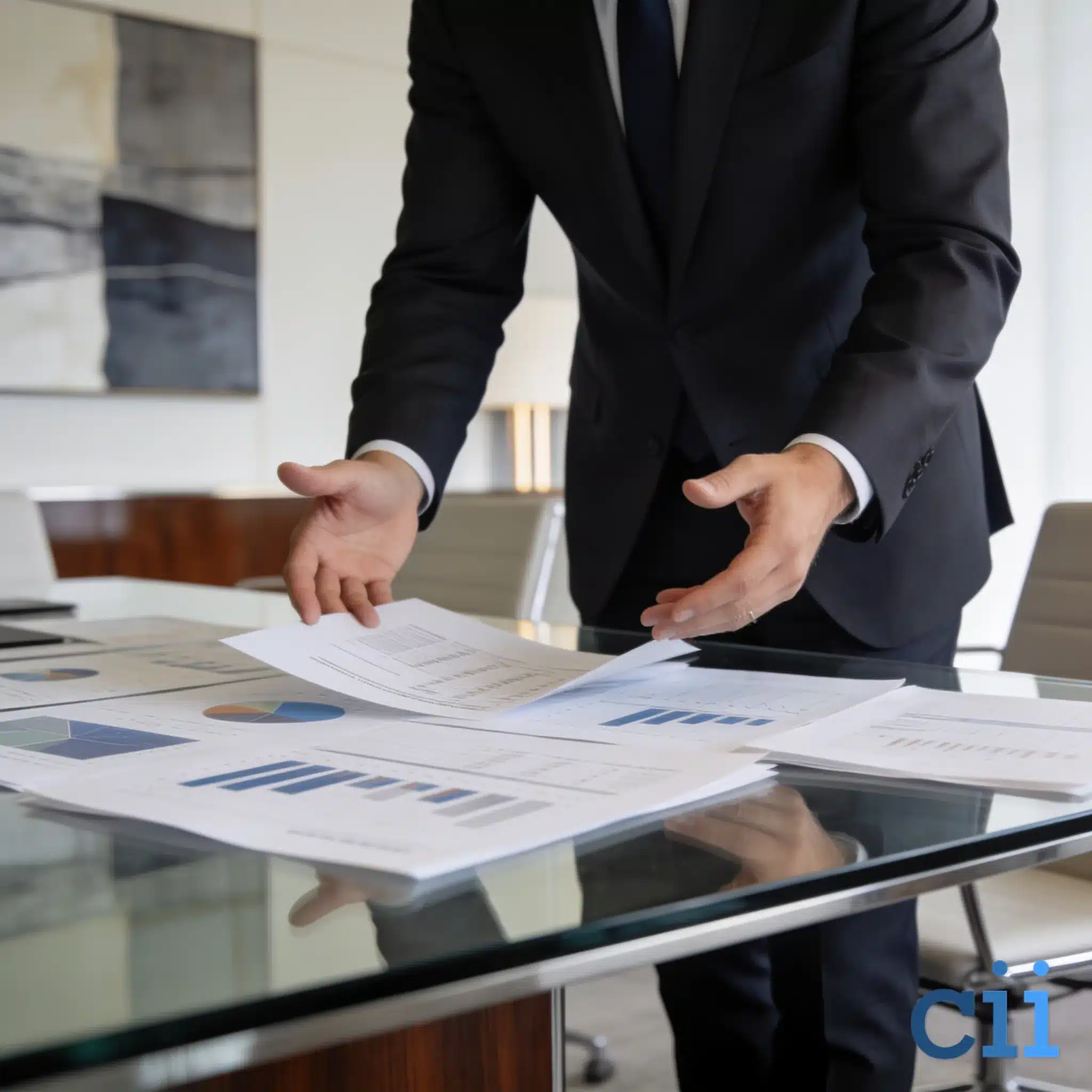 M&A advisory professionals reviewing valuation documents in a modern boardroom setting